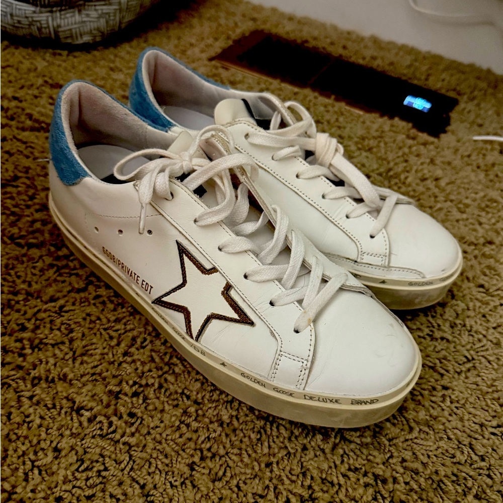 Golden Goose White and Blue Star Sneakers